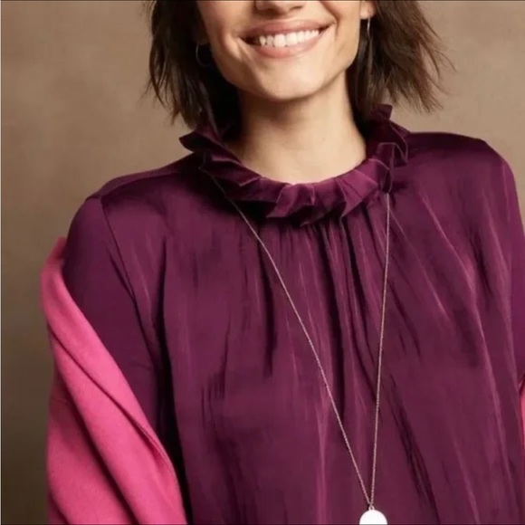 NWT Banana Republic Mixed Media Ruffle Mock Neck Top in Blue! - Picture 5 of 5